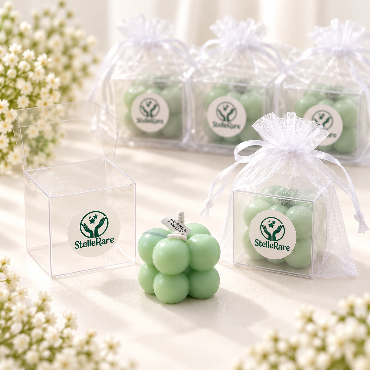 Candela Bubble verde pastello e confezione regalo Stelle Rare