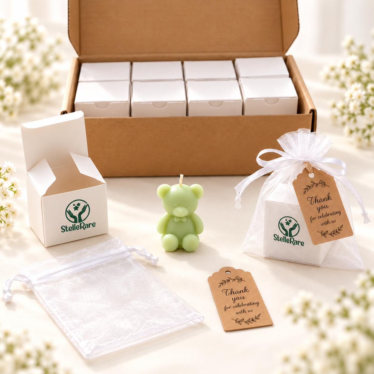 Candela Orsetto verde pastello con confezione Stelle Rare