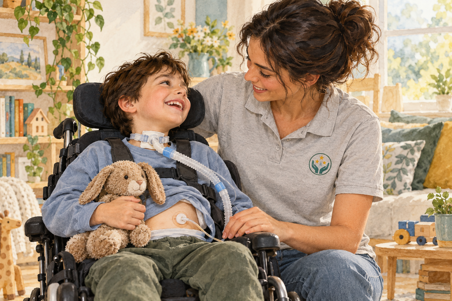 Volontaria in polo grigia accanto a un bambino con tracheostomia e PEG